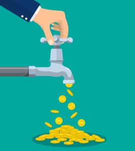Golden coins fall out of the metal tap